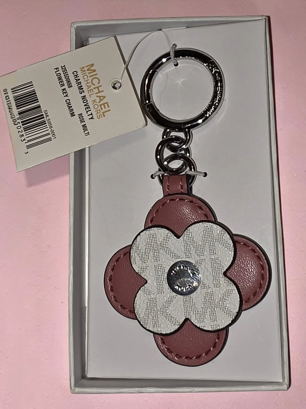 Michael Kors Rose Pink & White Flower Keyring Charm - NWT & Gift Box